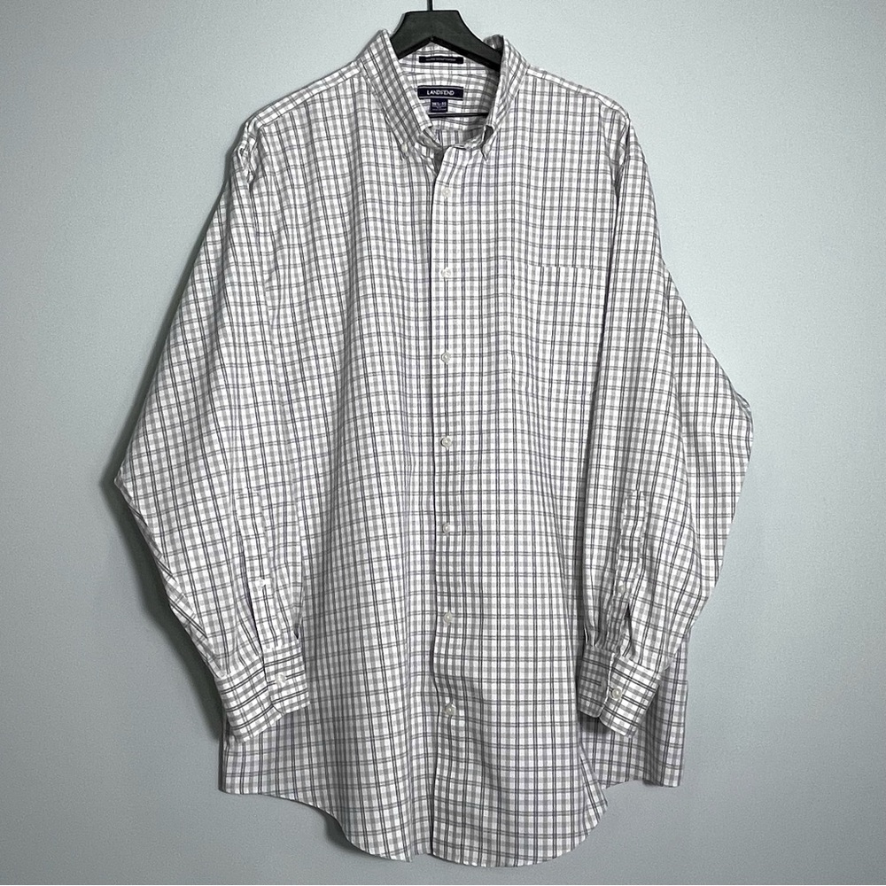 LANDS' END Mens Dress Shirt Button Down Collar White Gray No Iron Sz 18.5-35